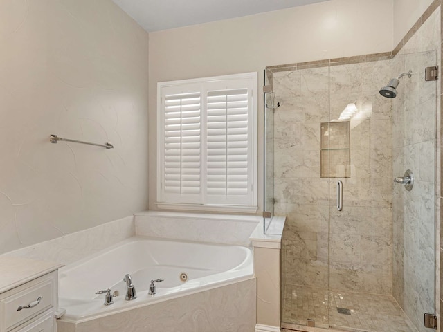 1025 Arches Park Dr, Allen, TX 75013 - bathroom featuring a whirlpool tub, a stall shower, and vanity