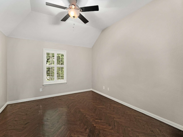 1025 Arches Park Dr, Allen, TX 75013 - empty room with lofted ceiling, baseboards, and a ceiling fan