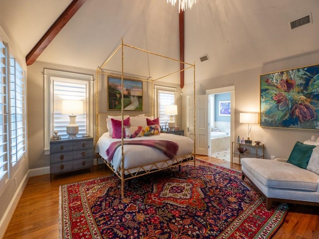 6319 Mccommas Blvd, Dallas, TX 75214 - bedroom with wood finished floors, high vaulted ceiling, baseboards, and beam ceiling