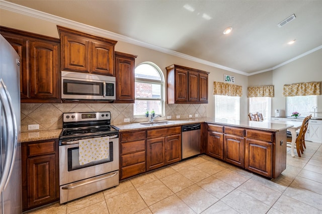 5825 Loveland Dr, Denton, TX 76208 - kitchen featuring appliances with stainless steel finishes, a sink, lofted ceiling, ornamental molding, and a peninsula