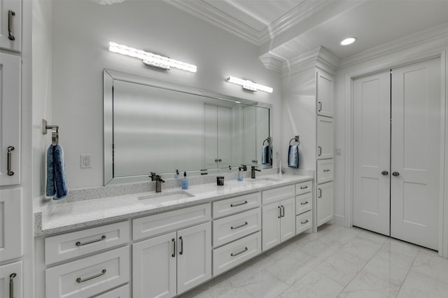 2012 Spieth St, Granbury, TX 76048 - full bathroom with crown molding, double vanity, marble finish flooring, and recessed lighting