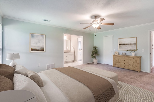 2309 Merrimac Dr, Plano, TX 75075 - bedroom with light carpet, crown molding, ensuite bath, baseboards, and a ceiling fan