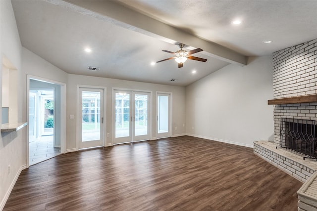 2309 Merrimac Dr, Plano, TX 75075 - unfurnished living room featuring dark wood-style flooring, baseboards, a fireplace, a ceiling fan, and recessed lighting