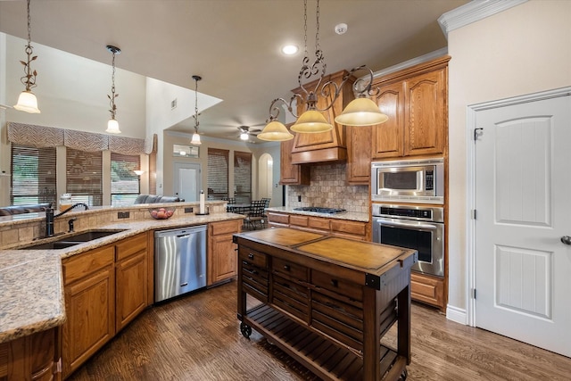 1205 Platte Dr, Mansfield, TX 76063 - kitchen with appliances with stainless steel finishes, a sink, decorative backsplash, pendant lighting, and dark wood finished floors