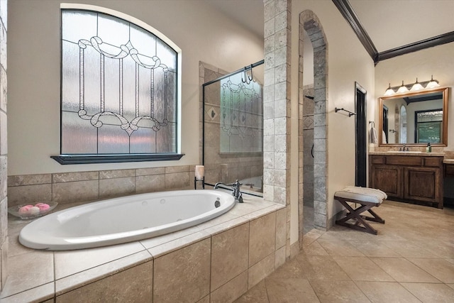 1205 Platte Dr, Mansfield, TX 76063 - full bath with a bath, a shower stall, vanity, ornamental molding, and tile patterned floors
