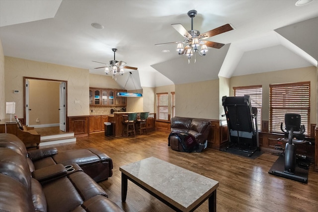 1205 Platte Dr, Mansfield, TX 76063 - living room with ceiling fan, dark wood-style floors, and lofted ceiling