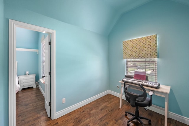 1205 Platte Dr, Mansfield, TX 76063 - office area featuring vaulted ceiling, dark wood-style floors, and baseboards