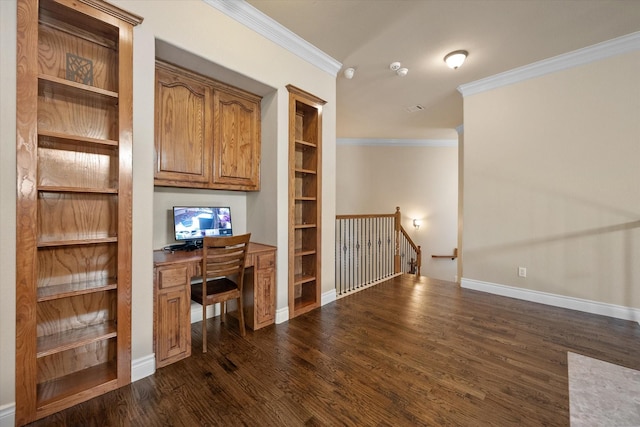 1205 Platte Dr, Mansfield, TX 76063 - unfurnished office featuring built in desk, ornamental molding, dark wood-type flooring, built in features, and baseboards