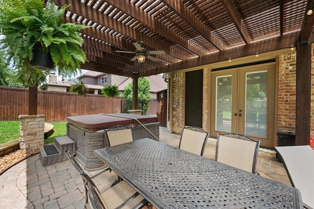 1205 Platte Dr, Mansfield, TX 76063 - fenced backyard with a hot tub, french doors, outdoor dining space, a pergola, and a patio area