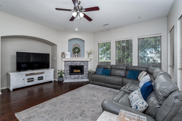 3400 Eisenhower Ave, Melissa, TX 75454 - living room with dark wood finished floors, ceiling fan, a fireplace, baseboards, and recessed lighting