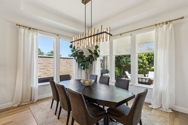 32 Katie Ln, Trophy Club, TX 76262 - dining room with light wood finished floors, baseboards, a raised ceiling, and a chandelier