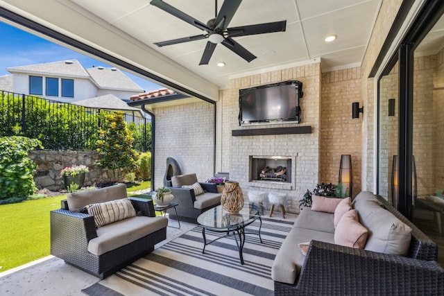 32 Katie Ln, Trophy Club, TX 76262 - view of patio / terrace featuring an outdoor living space with a fireplace and ceiling fan