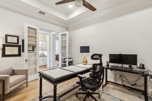 32 Katie Ln, Trophy Club, TX 76262 - office area featuring ornamental molding, a ceiling fan, light wood finished floors, and french doors