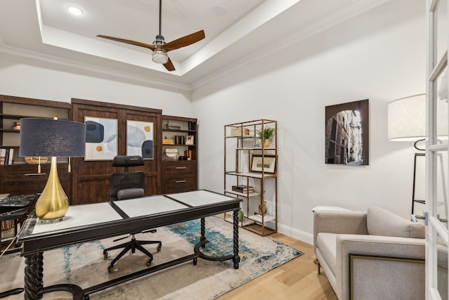 32 Katie Ln, Trophy Club, TX 76262 - office space featuring a tray ceiling, ceiling fan, wood finished floors, baseboards, and ornamental molding
