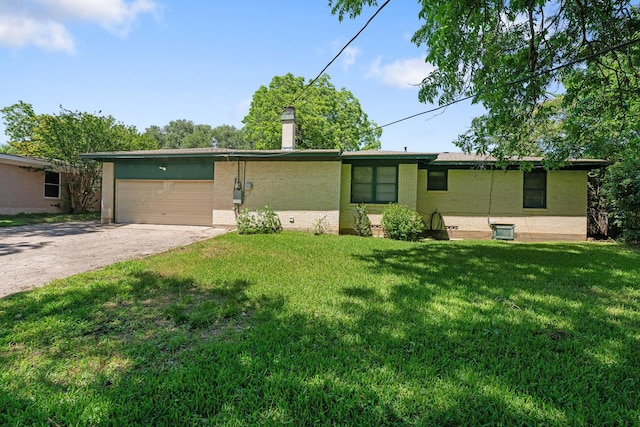 6908 Park Place Dr, Richland Hills, TX 76118 - ranch-style home with driveway, brick siding, a garage, a front yard, and a chimney