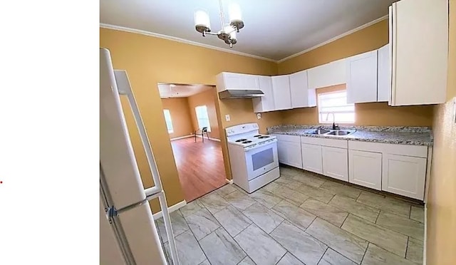 909 S Montgomery St, Sherman, TX 75090 - kitchen with white appliances, a sink, crown molding, white cabinetry, and under cabinet range hood