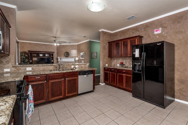 910 Glenbrook Dr, Grand Prairie, TX 75052 - kitchen featuring dishwasher, black refrigerator with ice dispenser, a sink, range with electric stovetop, and tasteful backsplash
