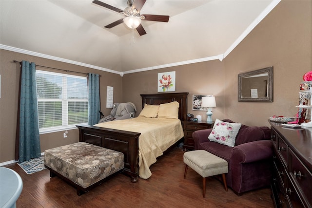 910 Glenbrook Dr, Grand Prairie, TX 75052 - bedroom featuring vaulted ceiling, dark wood-style floors, ornamental molding, ceiling fan, and baseboards