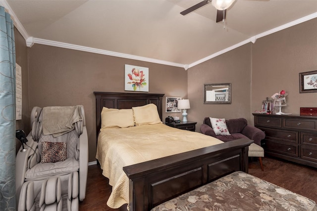 910 Glenbrook Dr, Grand Prairie, TX 75052 - bedroom featuring vaulted ceiling, dark wood-style floors, ornamental molding, and a ceiling fan