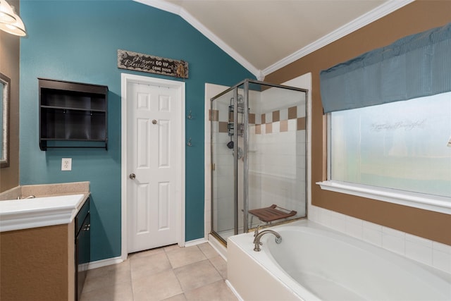 910 Glenbrook Dr, Grand Prairie, TX 75052 - full bath featuring a garden tub, a stall shower, crown molding, vanity, and tile patterned flooring