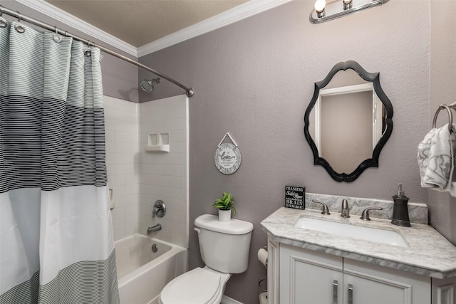 910 Glenbrook Dr, Grand Prairie, TX 75052 - full bath with ornamental molding, toilet, vanity, and shower / bath combo
