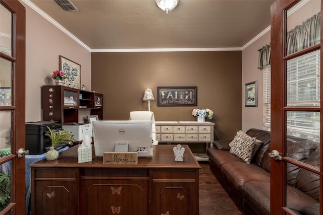 910 Glenbrook Dr, Grand Prairie, TX 75052 - office space with ornamental molding and dark wood-style floors