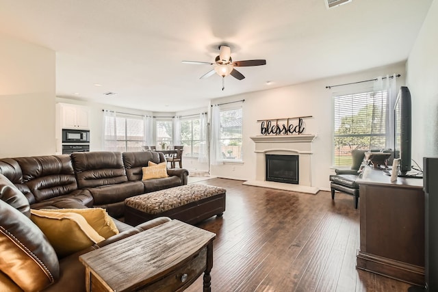 8633 Shadow Trace Dr, Fort Worth, TX 76244 - living area featuring ceiling fan, dark wood finished floors, and a glass covered fireplace