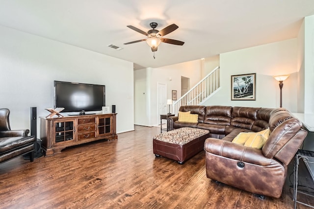 8633 Shadow Trace Dr, Fort Worth, TX 76244 - living area with wood finished floors, a ceiling fan, and stairs