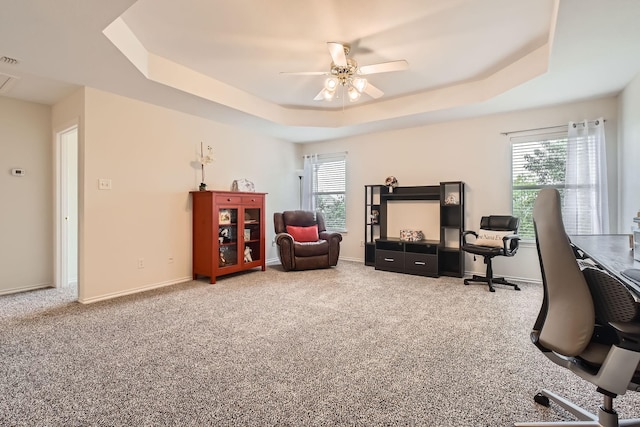 8633 Shadow Trace Dr, Fort Worth, TX 76244 - carpeted office space featuring a tray ceiling, a ceiling fan, healthy amount of natural light, and baseboards