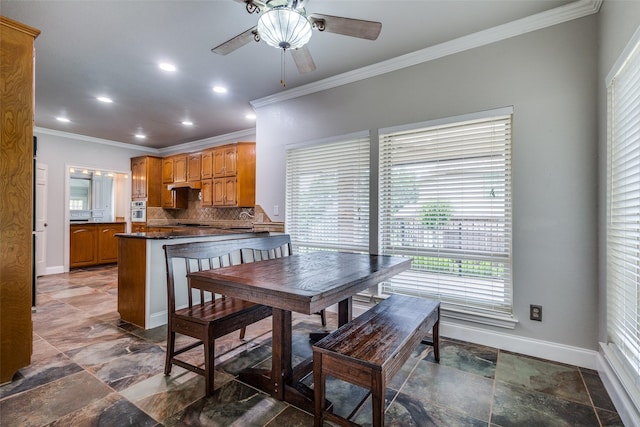 4113 Southwood E, Colleyville, TX 76034 - dining space with baseboards, crown molding, ceiling fan, healthy amount of natural light, and recessed lighting