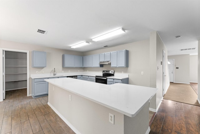1817 Cedarbriar Dr, Mesquite, TX 75181 - kitchen with range with electric stovetop, a sink, under cabinet range hood, gray cabinetry, and hardwood / wood-style floors