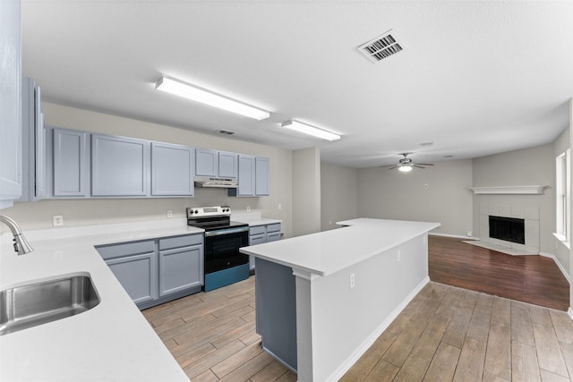 1817 Cedarbriar Dr, Mesquite, TX 75181 - kitchen with electric range, a sink, light wood finished floors, and under cabinet range hood