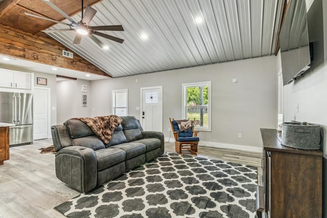 9759 Fm 638, Dawson, TX 76639 - living room with light wood-style flooring, a ceiling fan, recessed lighting, baseboards, and high vaulted ceiling