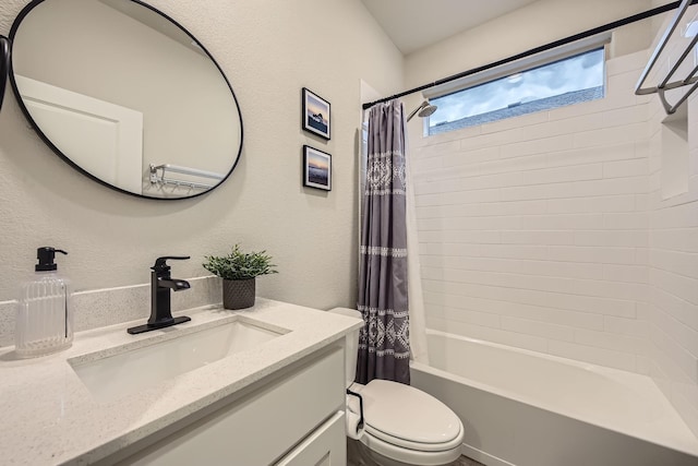 14613 Bootes Dr, Haslet, TX 76052 - bathroom with vanity, toilet, shower / bathtub combination with curtain, and a textured wall