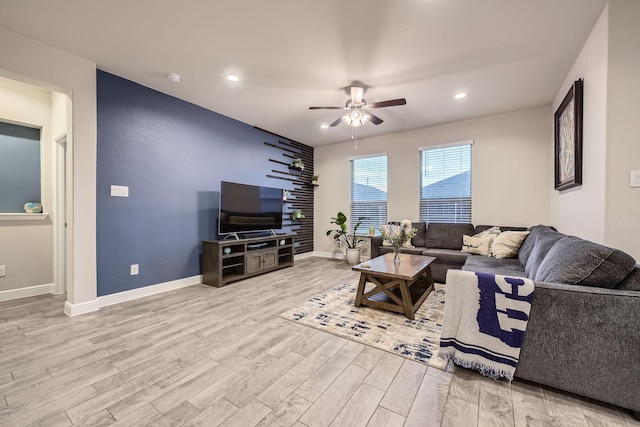 14613 Bootes Dr, Haslet, TX 76052 - living room featuring ceiling fan, wood finished floors, baseboards, and recessed lighting