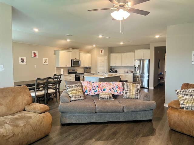6413 Tudor Pl, Celina, TX 76227 - living room featuring dark wood finished floors, a ceiling fan, recessed lighting, and baseboards