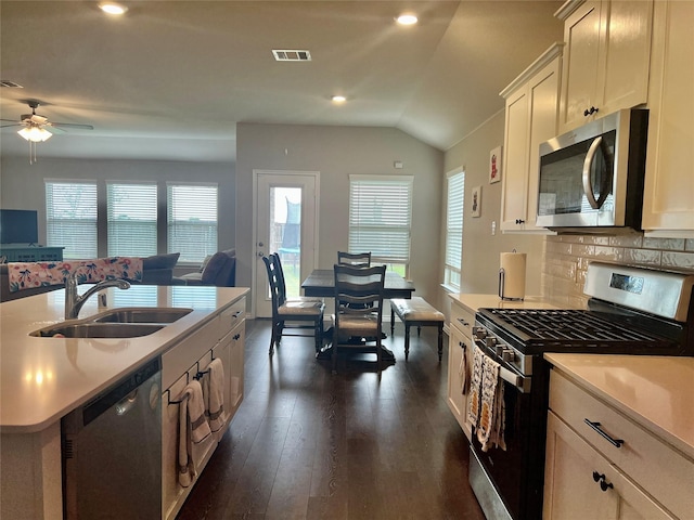 6413 Tudor Pl, Celina, TX 76227 - kitchen with stainless steel appliances, a sink, open floor plan, ceiling fan, and light countertops