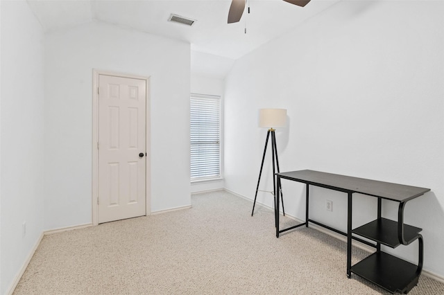 4100 Creekhollow Dr, Carrollton, TX 75010 - unfurnished office featuring lofted ceiling, baseboards, ceiling fan, and carpet