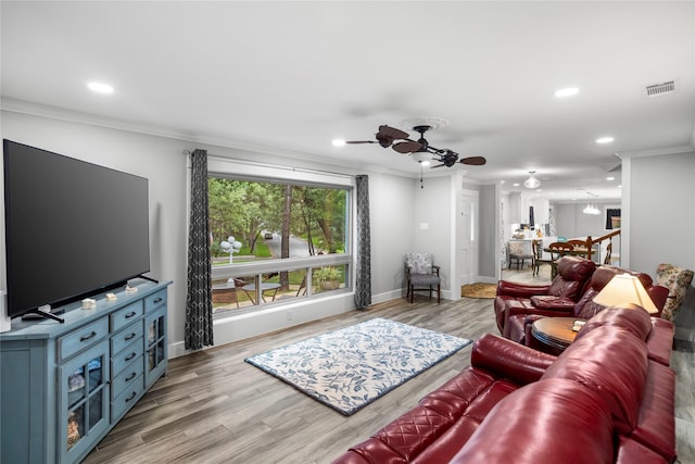 3905 Shady Creek Dr, Euless, TX 76040 - living area with crown molding, ceiling fan, recessed lighting, baseboards, and wood finished floors