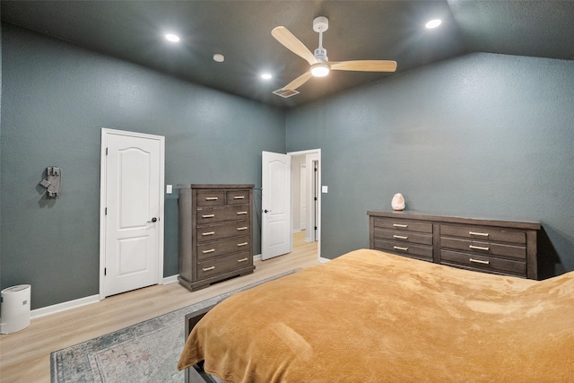 1711 Sage Dr, Midlothian, TX 76065 - bedroom featuring wood finished floors, recessed lighting, high vaulted ceiling, ceiling fan, and baseboards