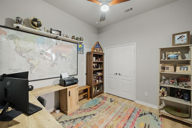 1711 Sage Dr, Midlothian, TX 76065 - office area featuring wood finished floors, a ceiling fan, and baseboards