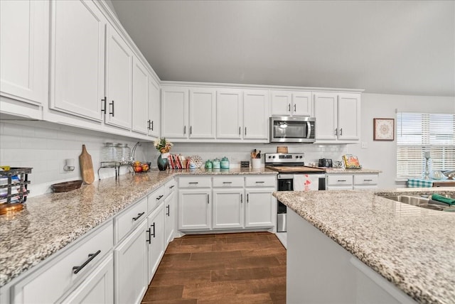 609 Autumn Ave, Justin, TX 76247 - kitchen featuring appliances with stainless steel finishes, white cabinetry, backsplash, a sink, and dark wood-type flooring