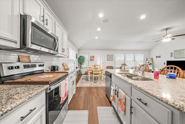 609 Autumn Ave, Justin, TX 76247 - kitchen with appliances with stainless steel finishes, lofted ceiling, dark wood-style flooring, a sink, and recessed lighting