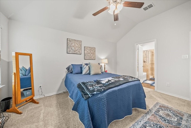 609 Autumn Ave, Justin, TX 76247 - bedroom with carpet, vaulted ceiling, baseboards, ensuite bath, and a ceiling fan