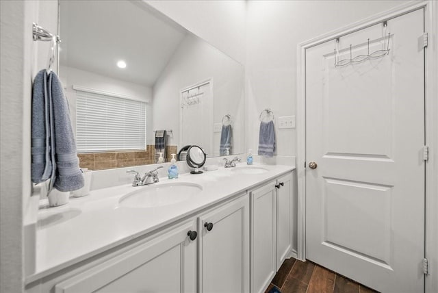 609 Autumn Ave, Justin, TX 76247 - bathroom with double vanity, wood finished floors, and recessed lighting