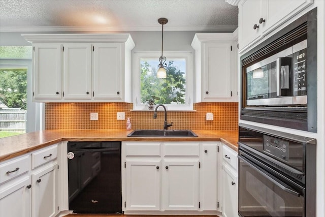 108 Neely Rd, Hewitt, TX 76643 - kitchen featuring black appliances, a sink, white cabinetry, decorative backsplash, and a textured ceiling