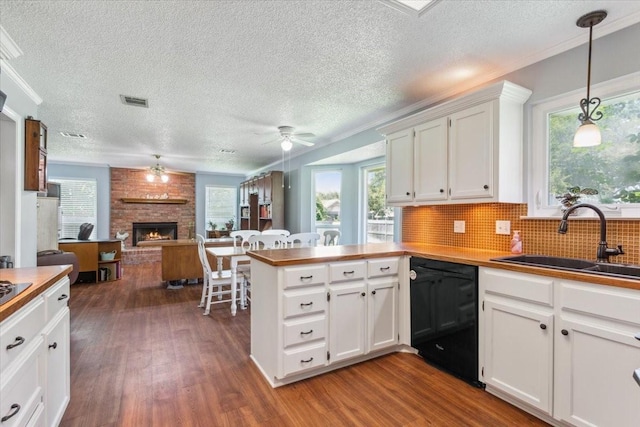 108 Neely Rd, Hewitt, TX 76643 - kitchen featuring black dishwasher, a sink, ceiling fan, a peninsula, and dark wood finished floors