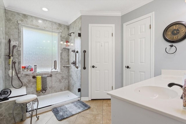 108 Neely Rd, Hewitt, TX 76643 - bathroom with healthy amount of natural light, a shower stall, tile patterned floors, and ornamental molding