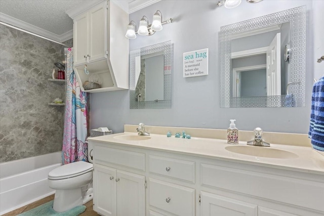 108 Neely Rd, Hewitt, TX 76643 - full bathroom featuring toilet, double vanity, shower / bath combo, crown molding, and a textured ceiling