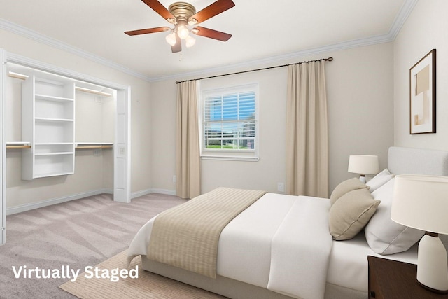 3806 Rainier St, Irving, TX 75062 - bedroom featuring crown molding, light carpet, baseboards, a closet, and a ceiling fan
